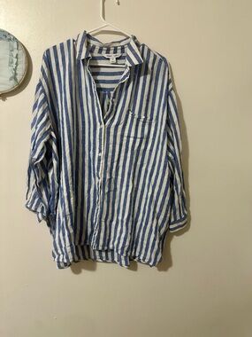 Old Navy Linen Blue and White Striped Boyfriend Shirt
